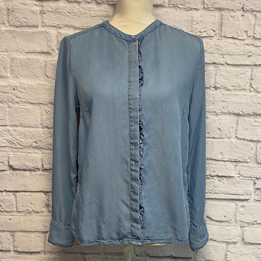 DownEast Chambray Ruffle-Front Button-Down Blouse Size Small